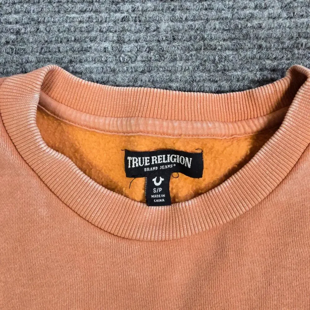 True Religion Mens Sweatshirt S Faded Coral Orange Logo Patch Crewneck Pullover
